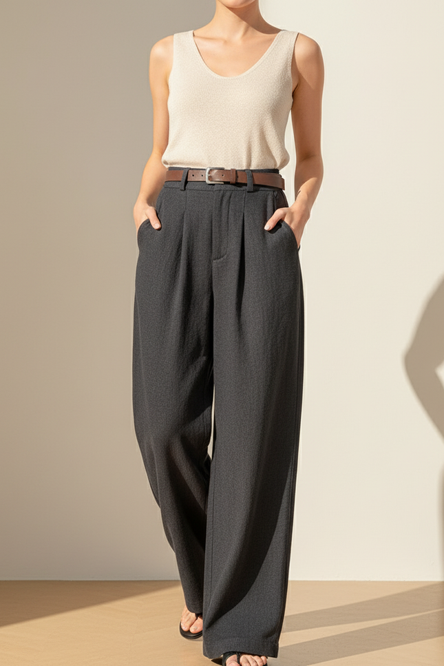 Pantalon Baggy Femme Gris Taille Haute Coton 2 - Laine