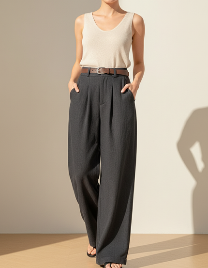 Pantalon Baggy Femme Gris Taille Haute Coton 2 - Laine