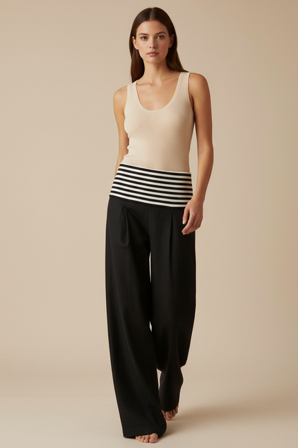 Pantalon Baggy Noir Ample Plissé Fluide Décontracté - Lin