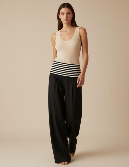 Pantalon Baggy Noir Ample Plissé Fluide Décontracté - Lin