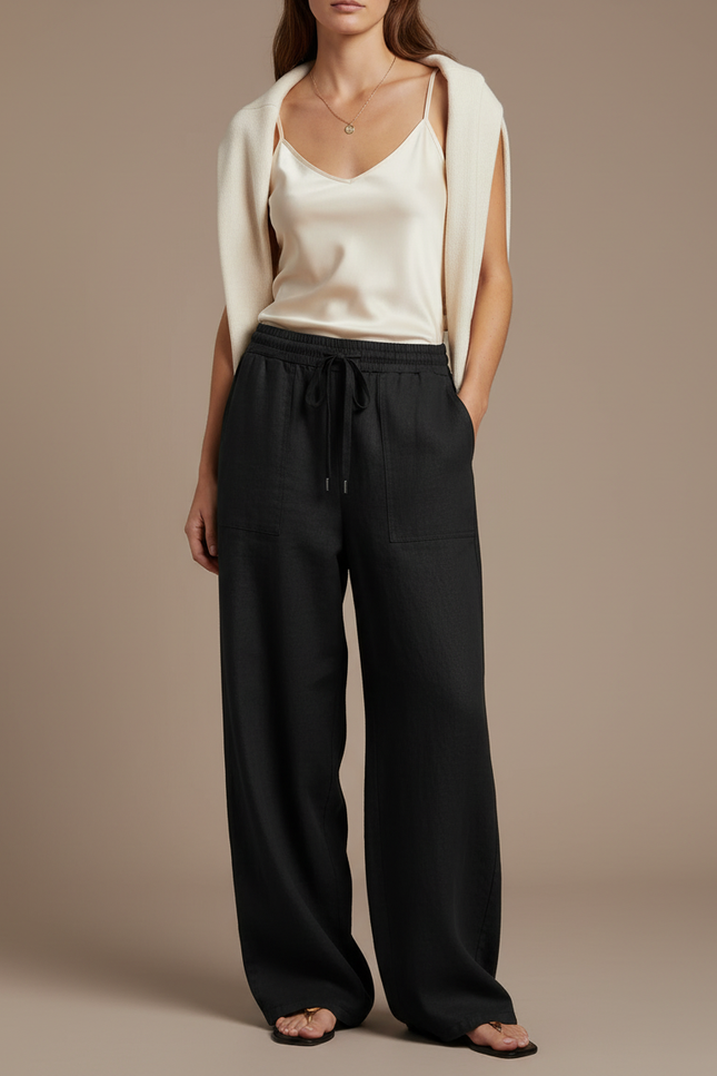 Pantalon Baggy Noir Lin Ample Cordon Femme