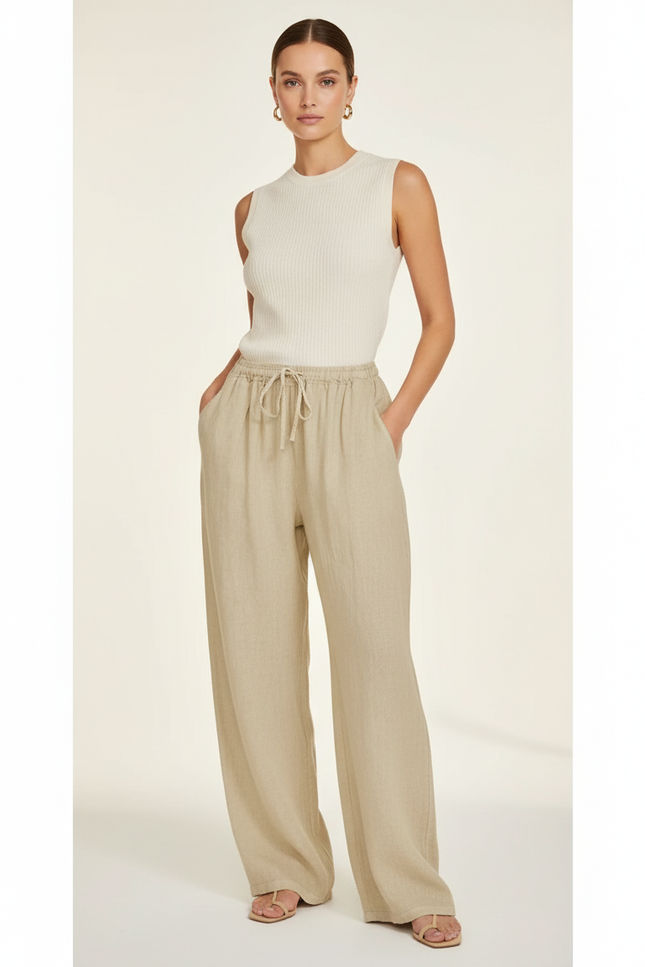 Pantalon Baggy Lin Beige Fluide Taille Cordon Femme