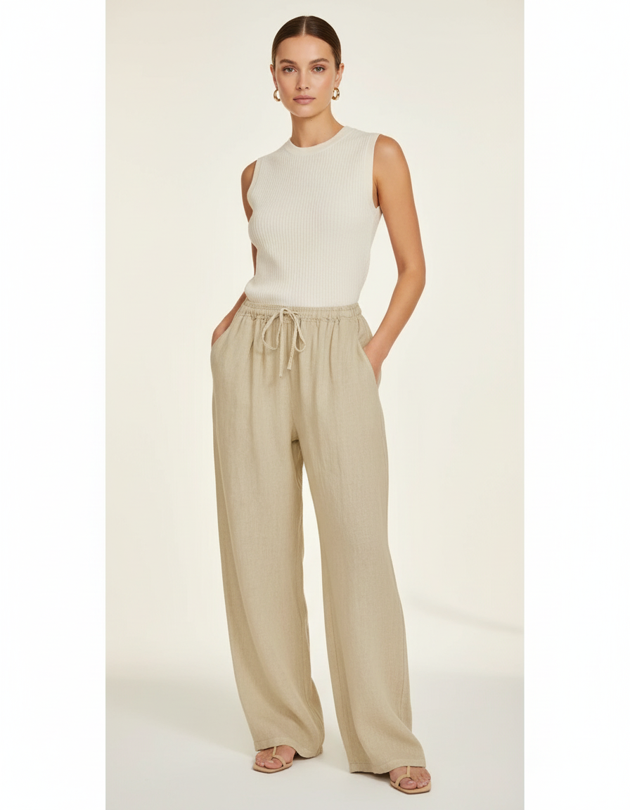 Pantalon Baggy Lin Beige Fluide Taille Cordon Femme