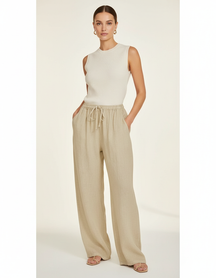 Pantalon Baggy Lin Beige Fluide Taille Cordon Femme