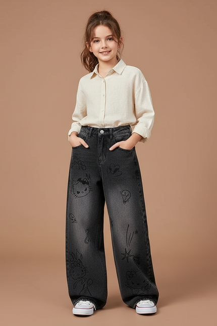 Pantalon Baggy Jean Gris Délavé Imprimé Ample Fille