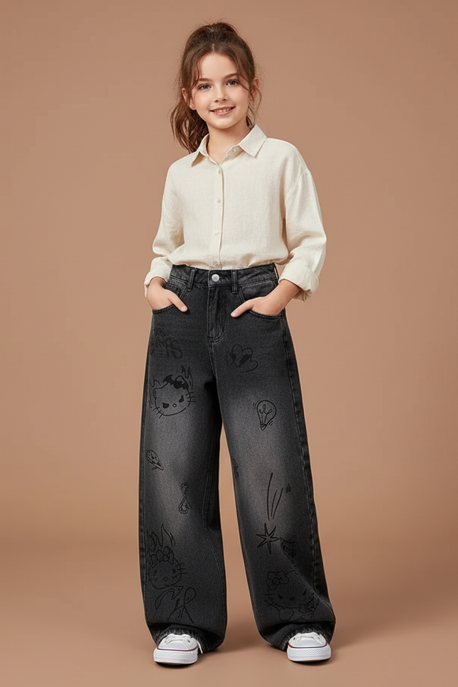 Pantalon Baggy Jean Gris Délavé Imprimé Ample Fille