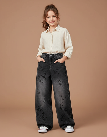 Pantalon Baggy Jean Gris Délavé Imprimé Ample Fille