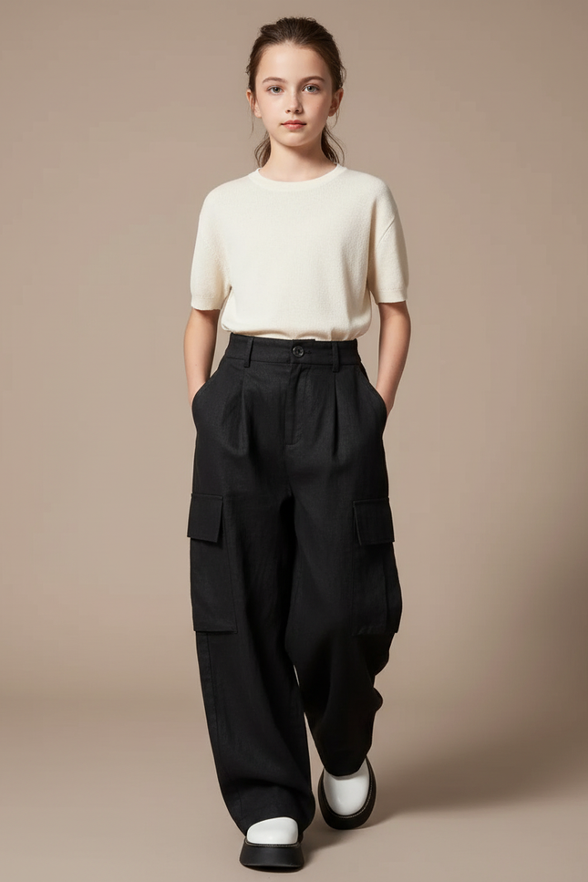 Pantalon Baggy Noir Cargo Décontracté Ample Fille - Lin