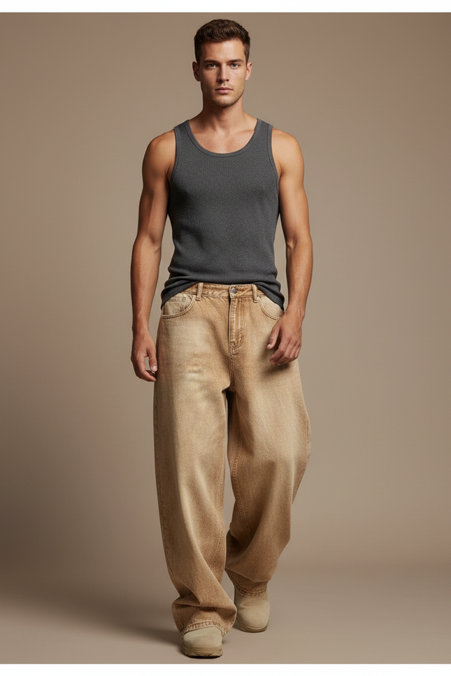 Pantalon Baggy Marron Clair Délavé Ample Denim Homme - Jean