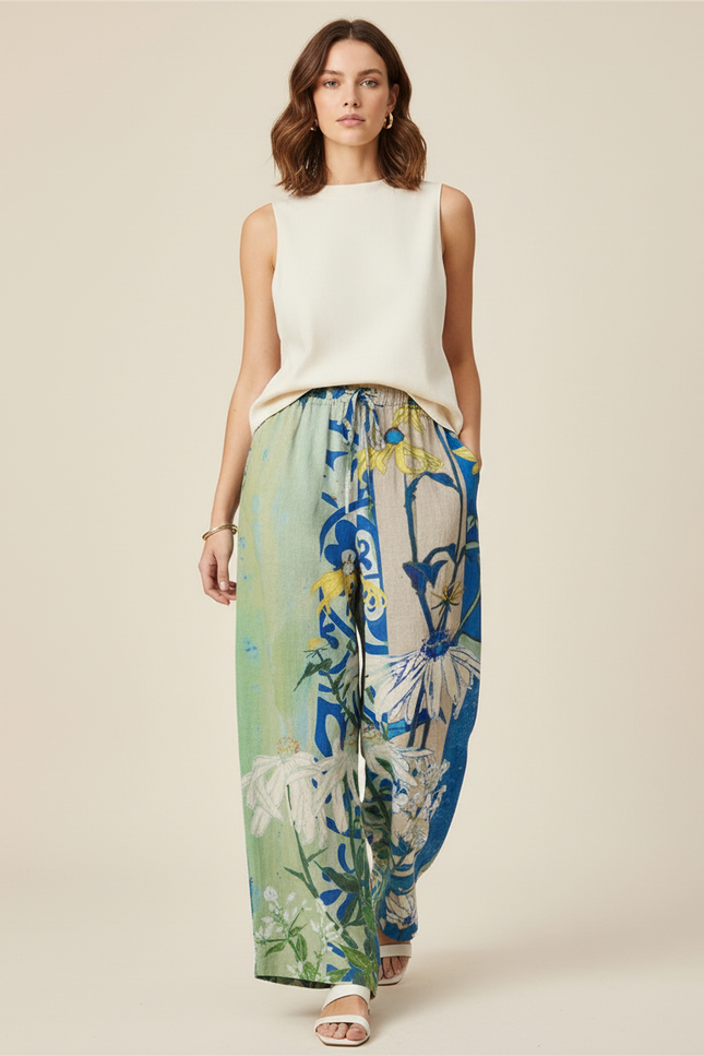 Pantalon Baggy Fleuri Ample Lin Estival Bohème - Multicolore