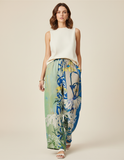 Pantalon Baggy Fleuri Ample Lin Estival Bohème - Multicolore