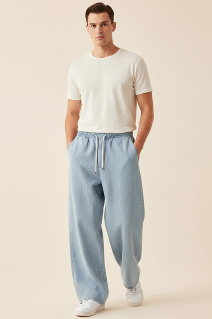Pantalon Baggy Bleu Clair Ample Cordon Décontracté Homme - Jean