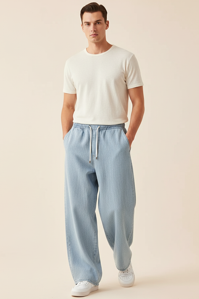 Pantalon Baggy Bleu Clair Ample Cordon Décontracté Homme - Jean