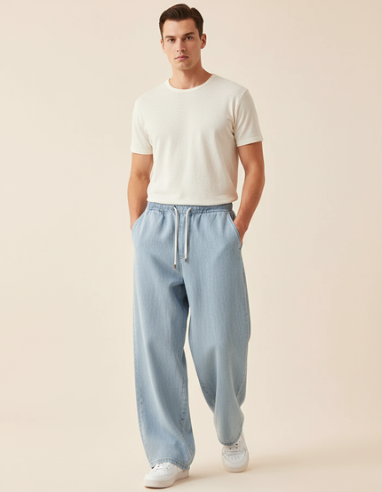 Pantalon Baggy Bleu Clair Ample Cordon Décontracté Homme - Jean