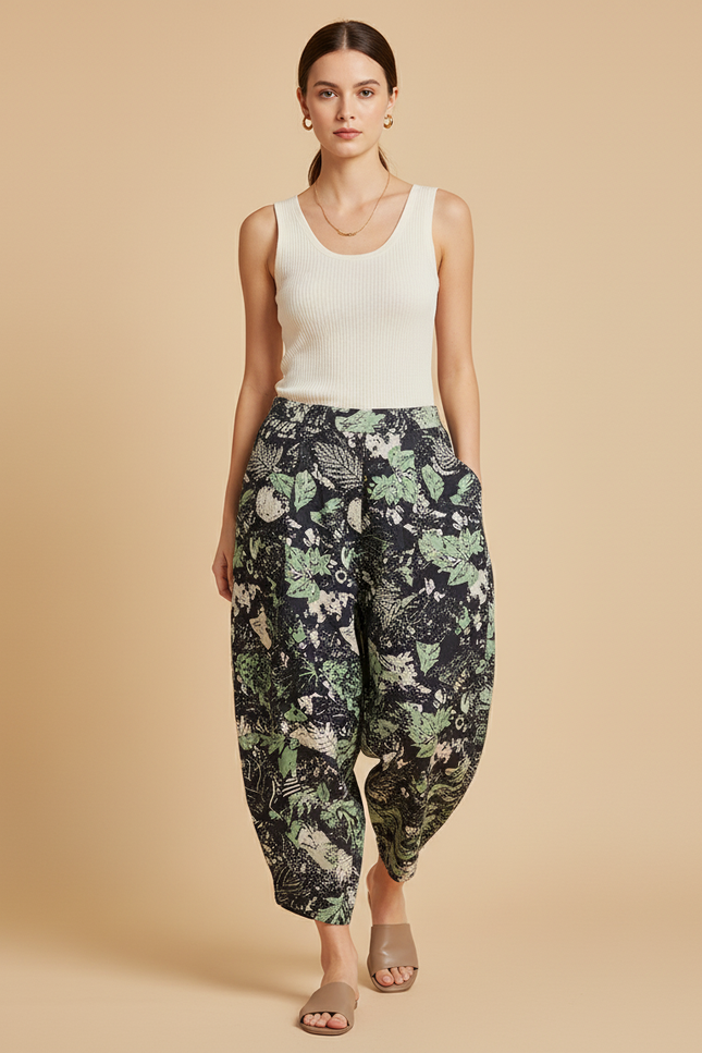Pantalon Baggy Fleuri Vert Noir Ample Fluide Femme - Multicolore Lin