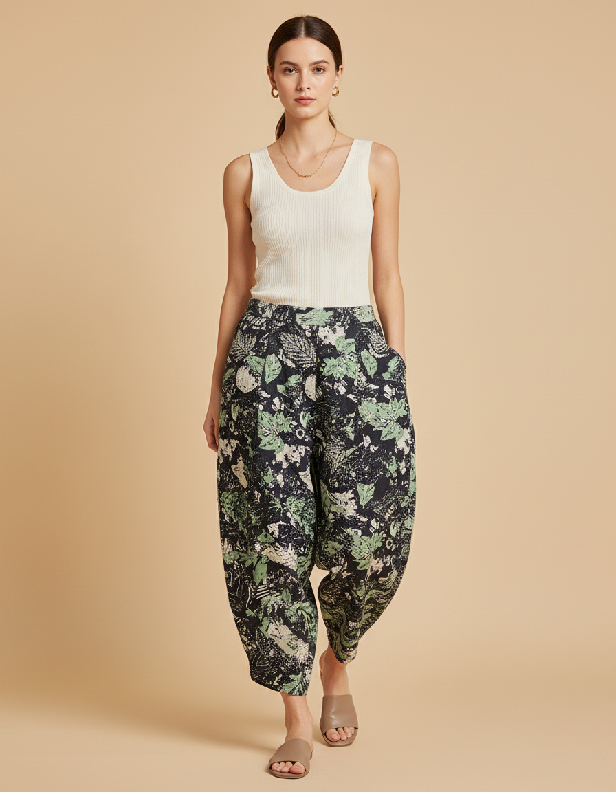 Pantalon Baggy Fleuri Vert Noir Ample Fluide Femme - Multicolore Lin