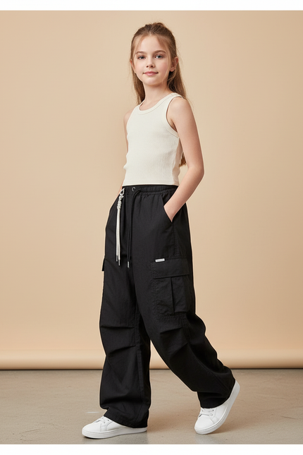 Pantalon Baggy Noir Ample Cargo Décontracté Fille - Toile