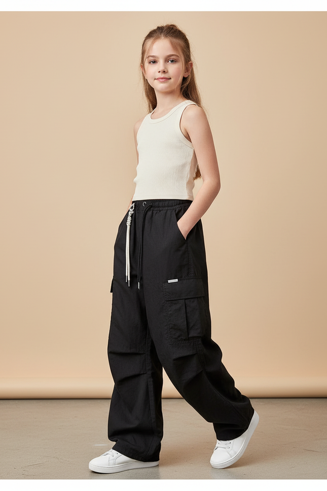 Pantalon Baggy Noir Ample Cargo Décontracté Fille - Toile