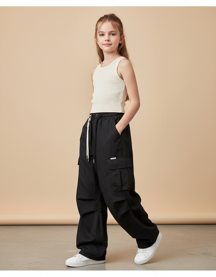 Pantalon Baggy Noir Ample Cargo Décontracté Fille - Toile