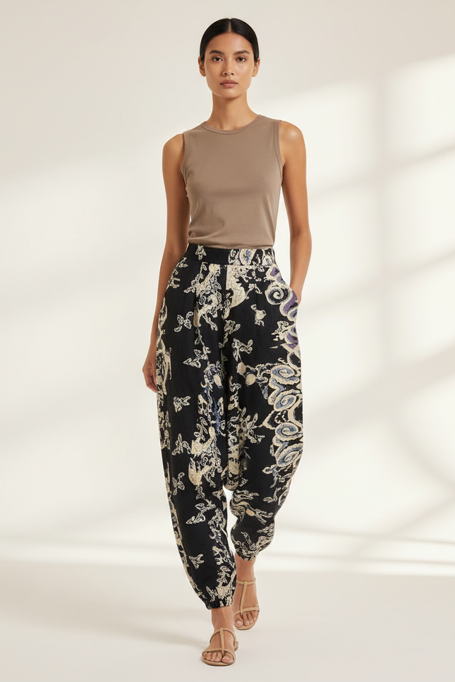 Pantalon Baggy Noir Imprimé Ethnique Ample Fluide Femme - Viscose