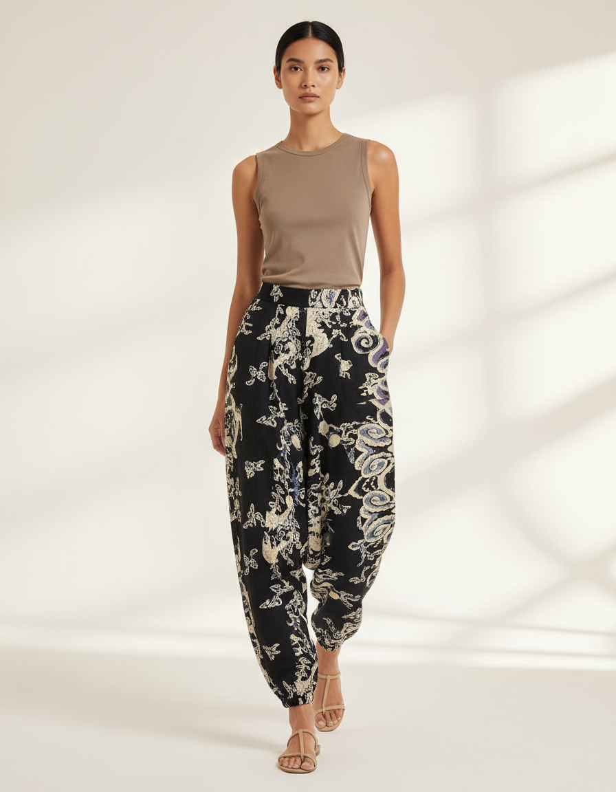 Pantalon Baggy Noir Imprimé Ethnique Ample Fluide Femme - Viscose