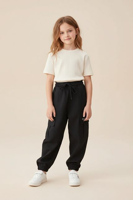 Pantalon Baggy Noir Cargo Décontracté Cordon Enfant - Polyester