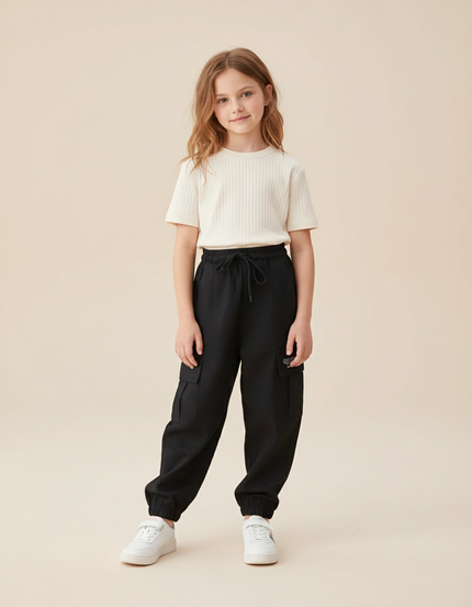 Pantalon Baggy Noir Cargo Décontracté Cordon Enfant - Polyester