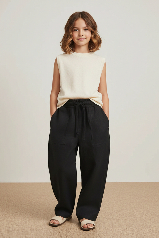 Pantalon Baggy Noir Ample Cordon Décontracté - Lin