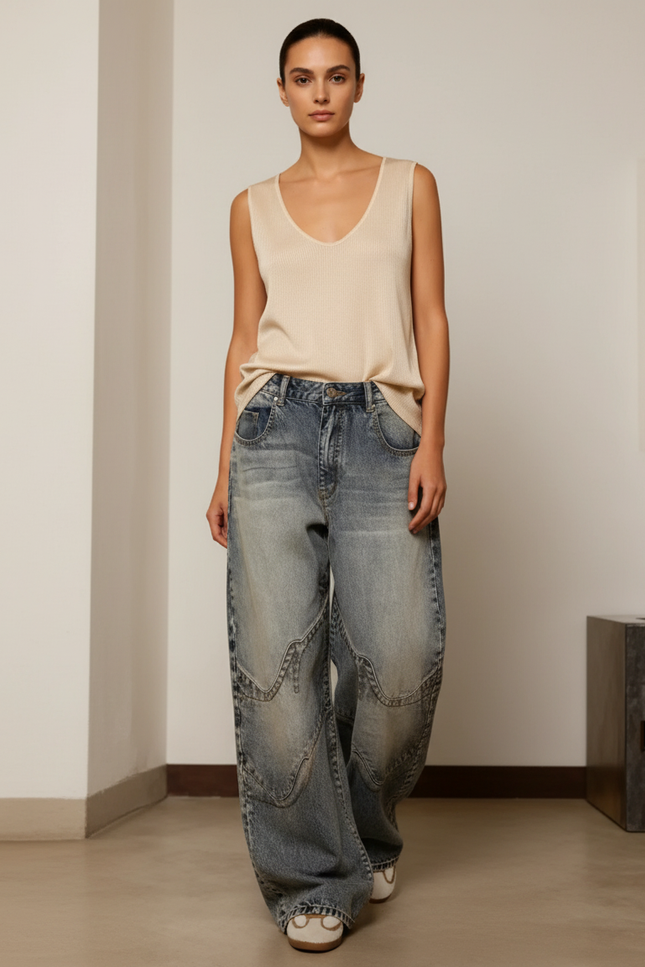 Pantalon Baggy Denim Décontracté Bleu Motifs Géométriques - Jean