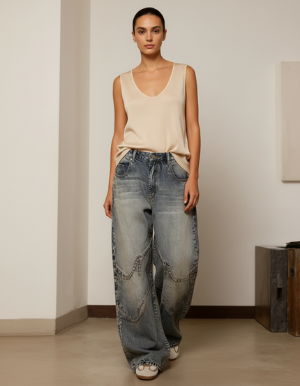 Pantalon Baggy Denim Décontracté Bleu Motifs Géométriques - Jean