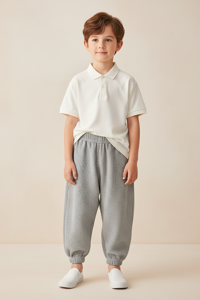 Pantalon Baggy Gris Gaufre Ample Confortable Enfant - Maille