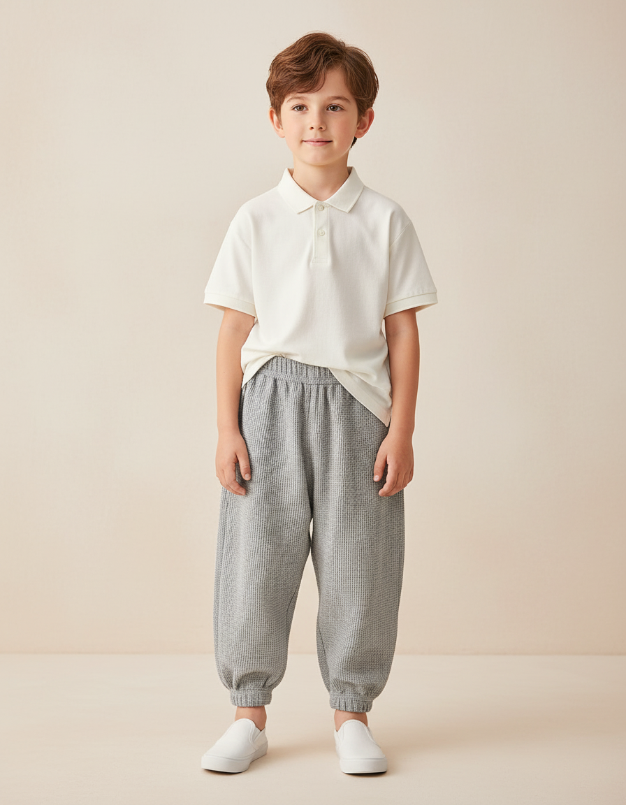 Pantalon Baggy Gris Gaufre Ample Confortable Enfant - Maille