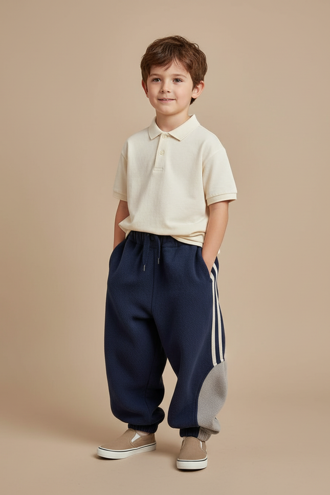 Pantalon Baggy Bleu Marine Molletonné Rayé Bicolore Enfant