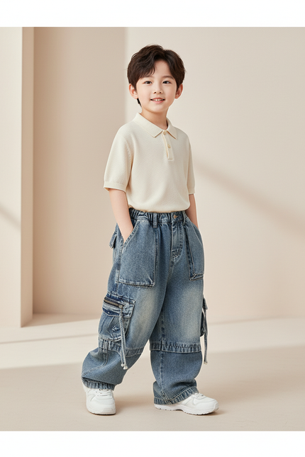 Pantalon Baggy Jean Bleu Cargo Ample Garçon