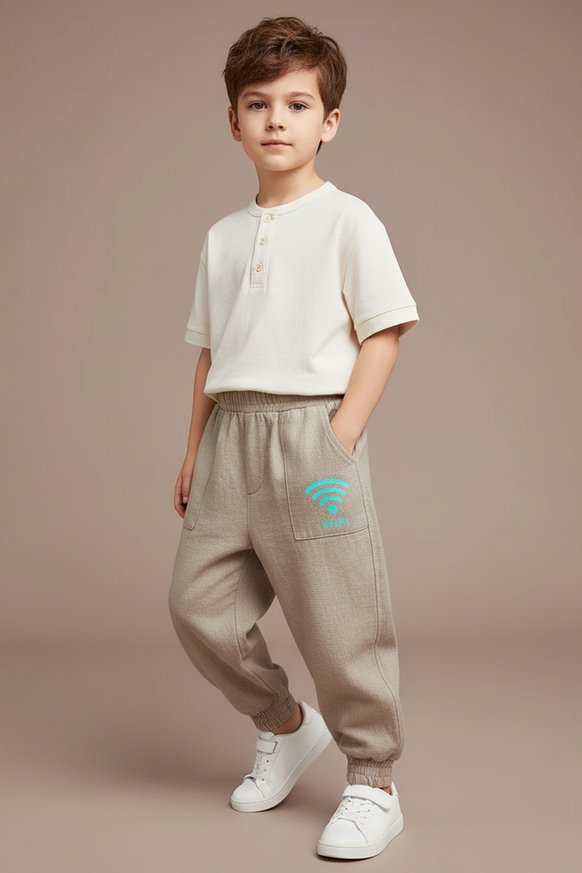 Pantalon Baggy Beige Tissé Ample Élastique Wifi Enfant - Lin