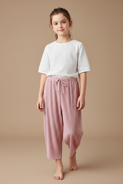 Pantalon Baggy Rose Plissé Ample Fille - Polyester