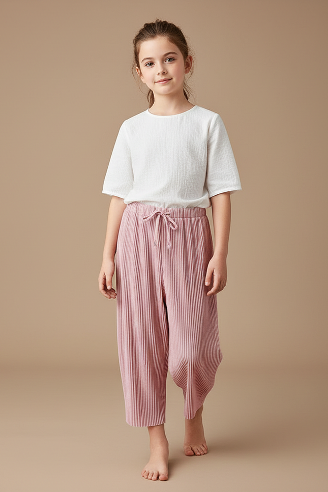 Pantalon Baggy Rose Plissé Ample Fille - Polyester