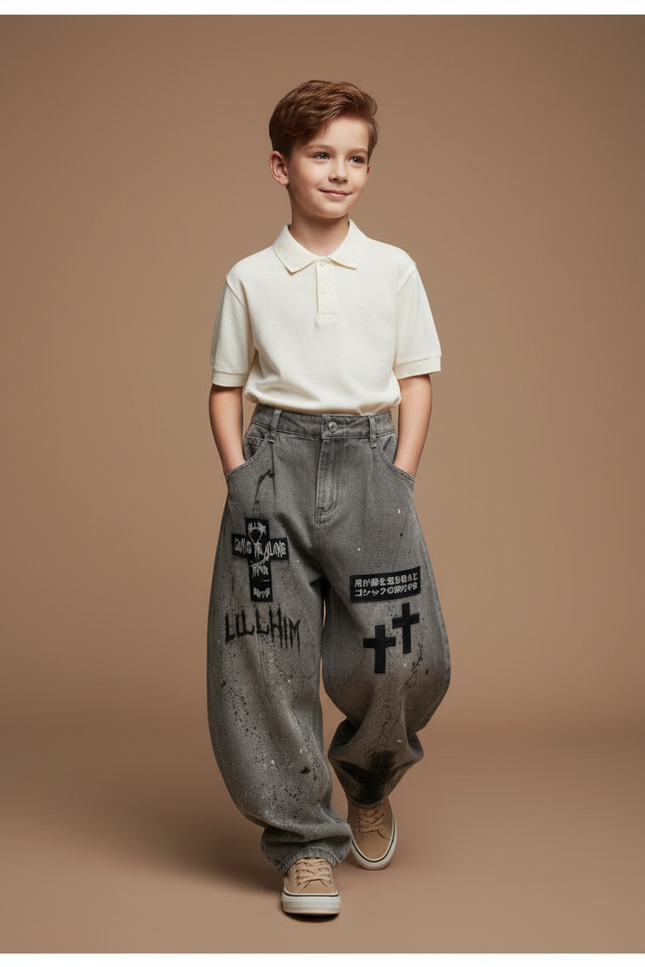 Pantalon Baggy Gris Délavé Ample Imprimé Croix - Jean