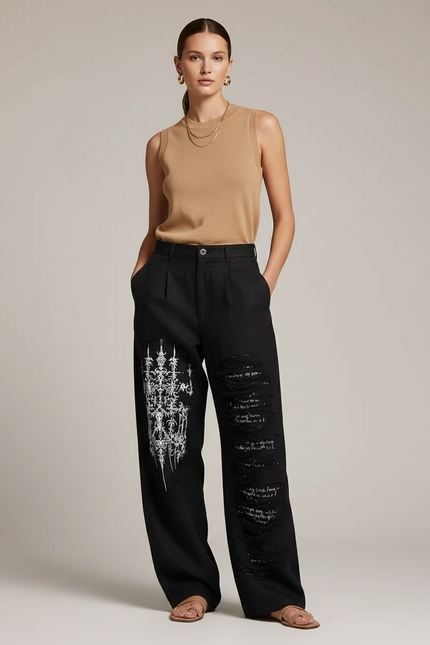 Pantalon Baggy Noir Ample Imprimé Gothique Déchiré Femme - Lin