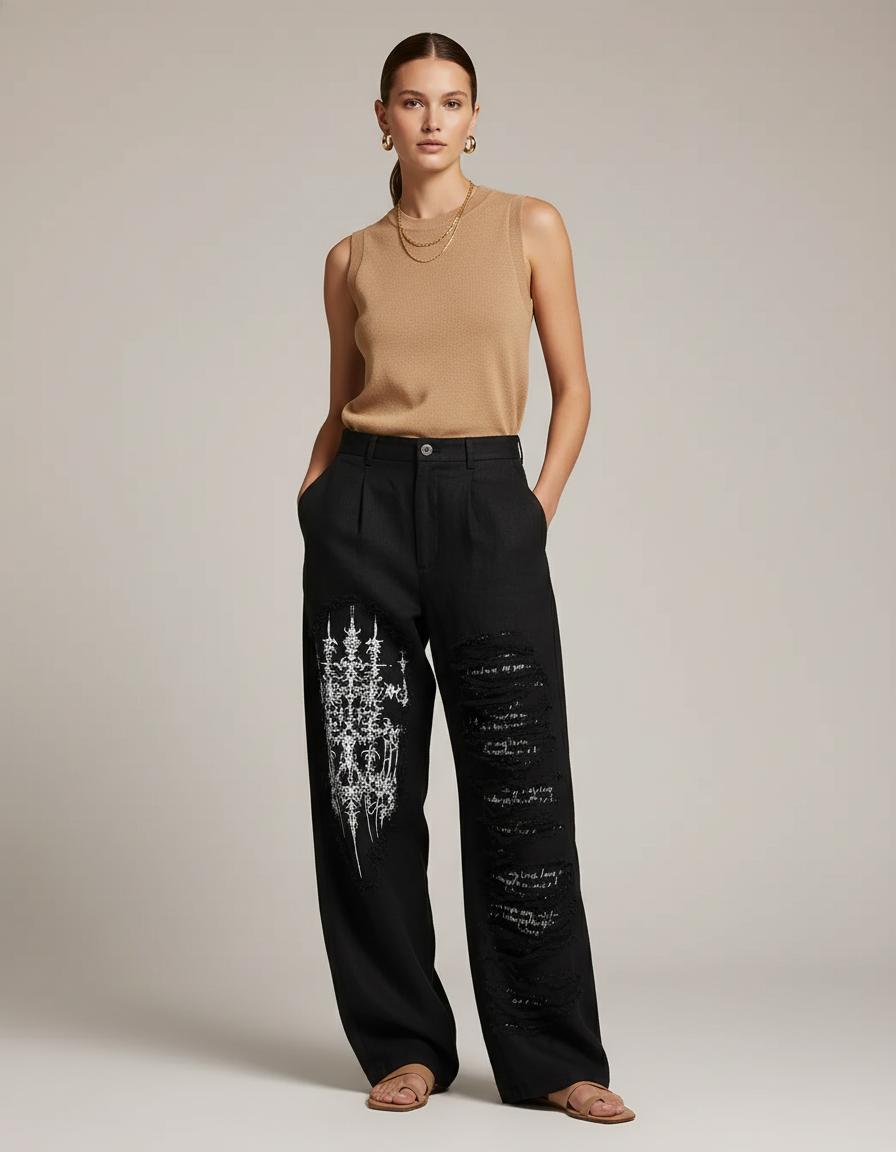 Pantalon Baggy Noir Ample Imprimé Gothique Déchiré Femme - Lin