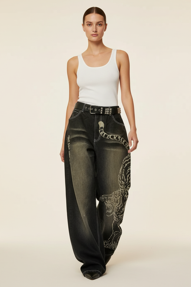 Pantalon Baggy Noir Délavé Brodé Ample Streetwear Femme - Jean