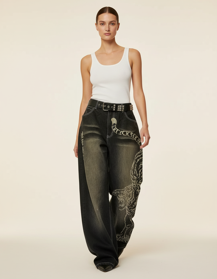 Pantalon Baggy Noir Délavé Brodé Ample Streetwear Femme - Jean