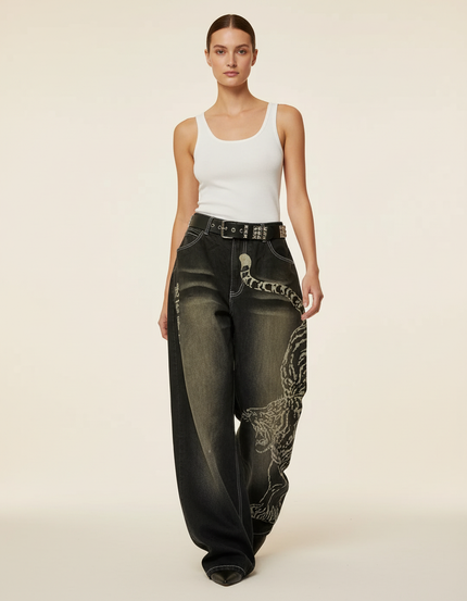 Pantalon Baggy Noir Délavé Brodé Ample Streetwear Femme - Jean