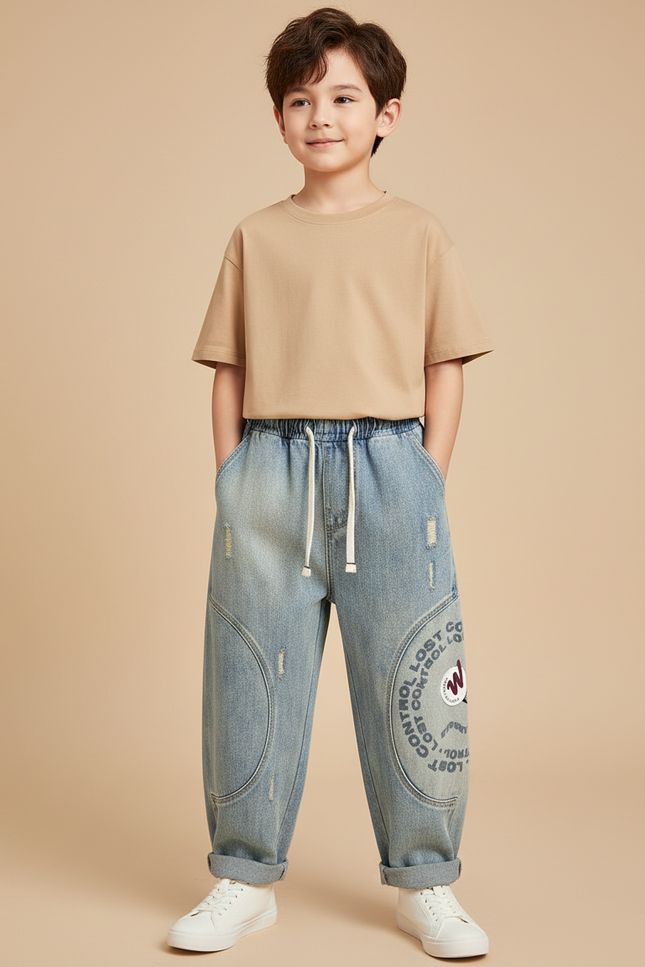 Pantalon Baggy Jean Clair Ample Déchiré Dessins Garçon - Bleu