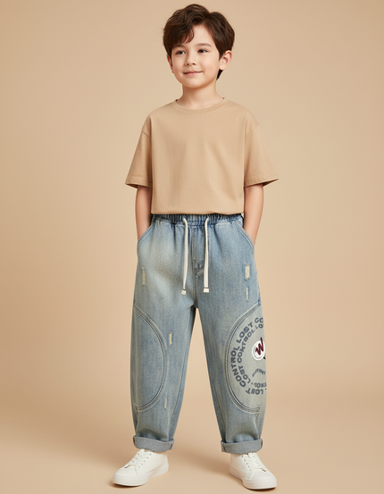 Pantalon Baggy Jean Clair Ample Déchiré Dessins Garçon - Bleu
