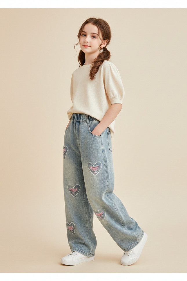 Pantalon Baggy Jean Bleu Cœurs Brodés Ample Fille