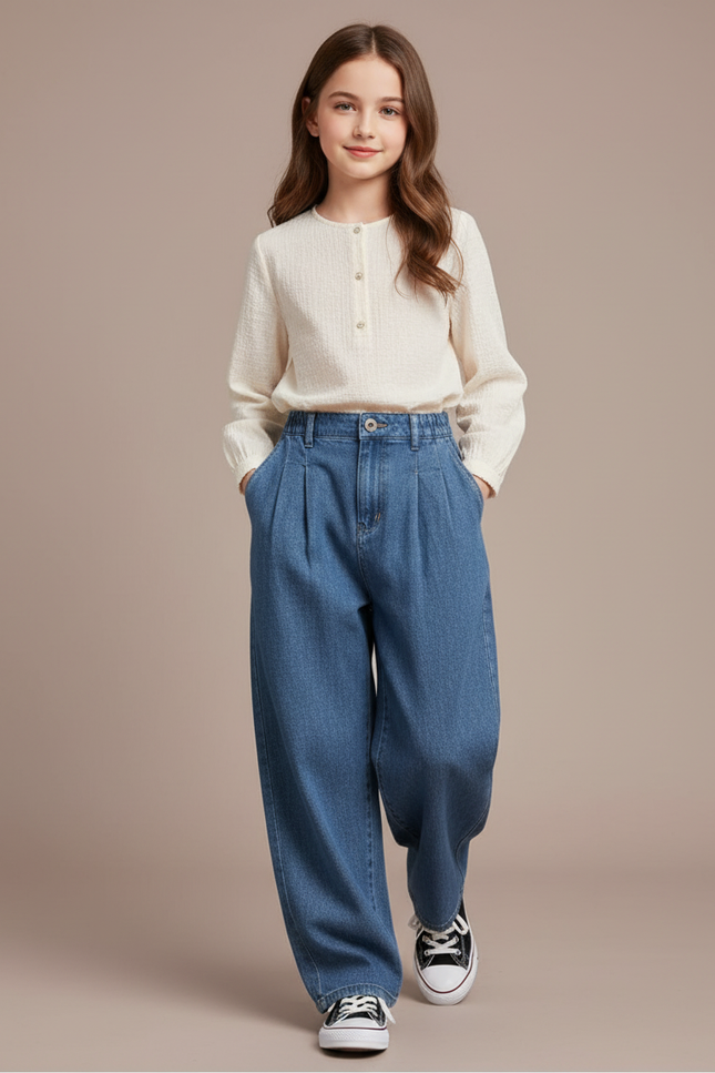 Pantalon Baggy Bleu Jean Ample Plissé Fille