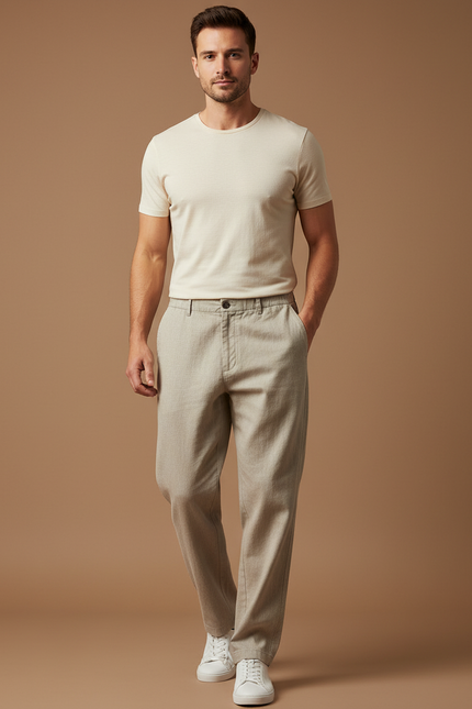 Pantalon Baggy Beige Droit Coton Léger Homme
