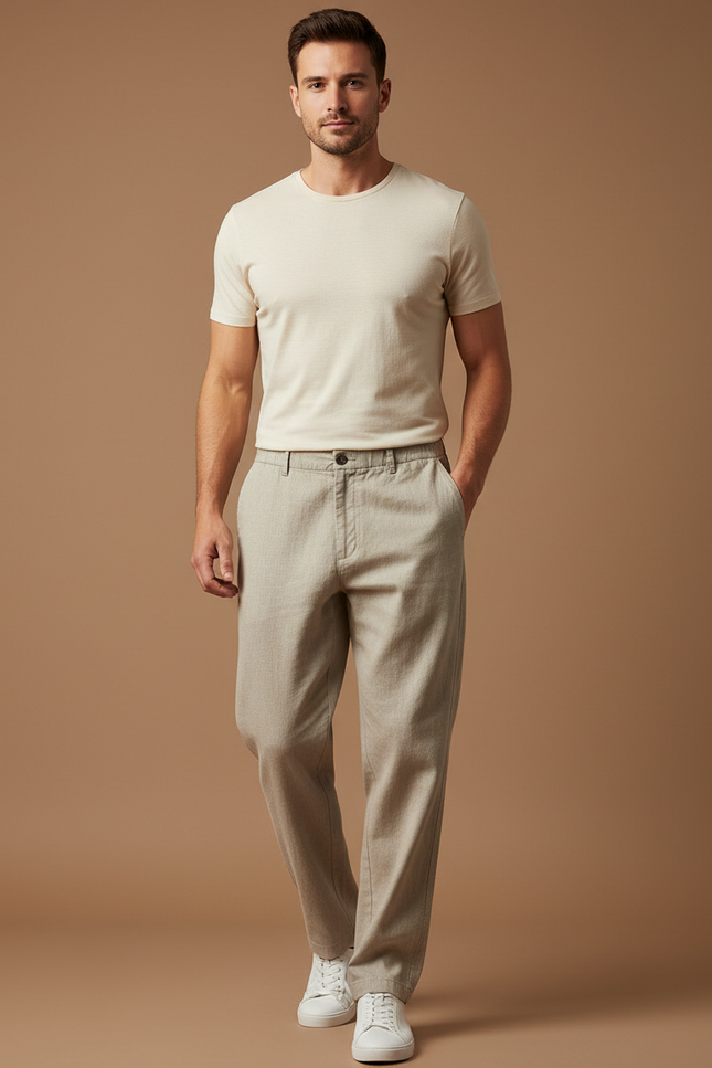 Pantalon Baggy Beige Droit Coton Léger Homme