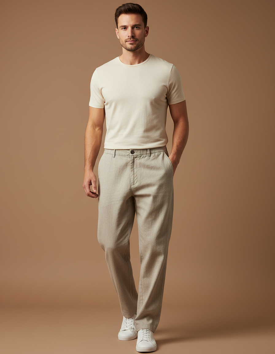 Pantalon Baggy Beige Droit Coton Léger Homme